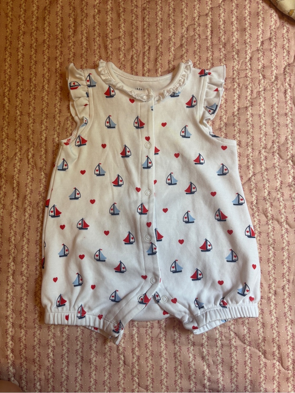 Little Me White Baby Romper with Red and Navy Sailboat Print